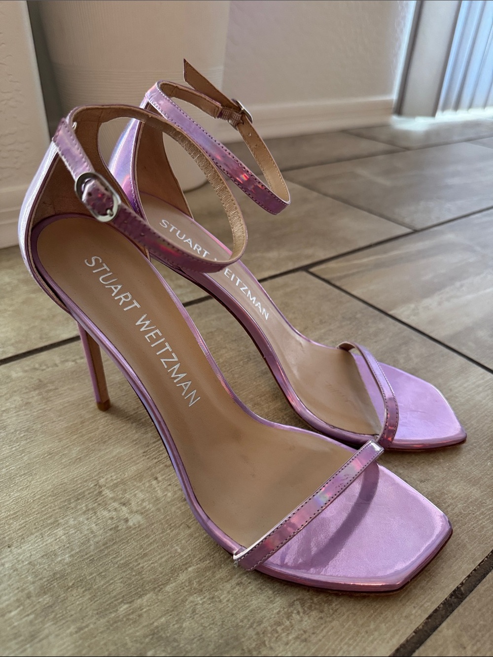 Stuart Weitzman Iridescent Pink Stiletto strappy sandal